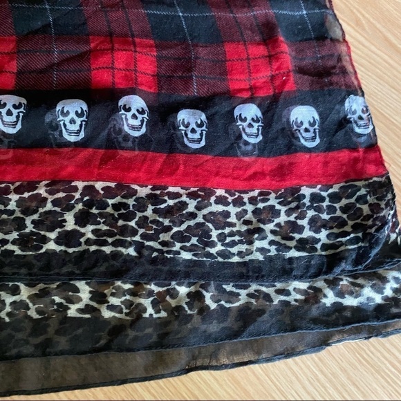 Skulls Red Black Plaid Animal Print Scarf OS - Picture 5 of 8